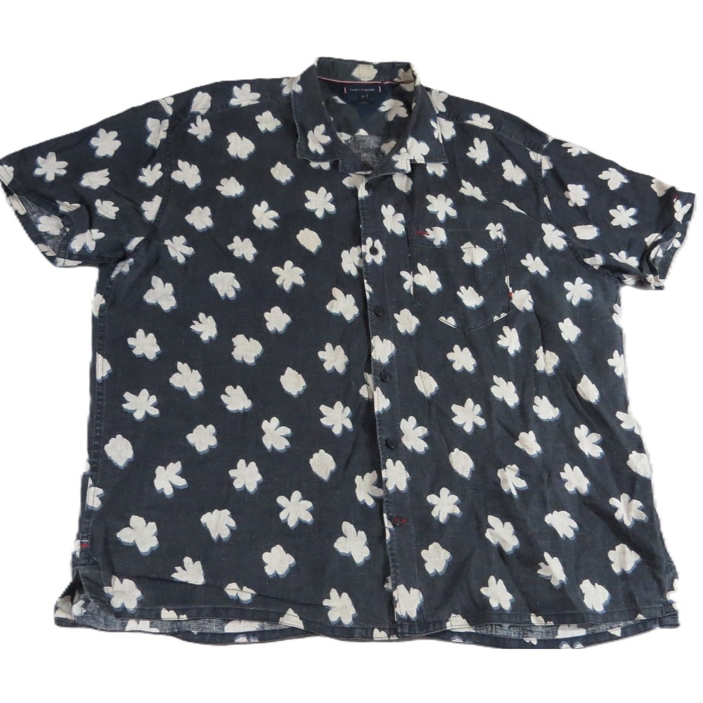 Tommy Hilfiger Linen Floral Shirt Men 3XL Navy White Regular Fit Camp Button EUC